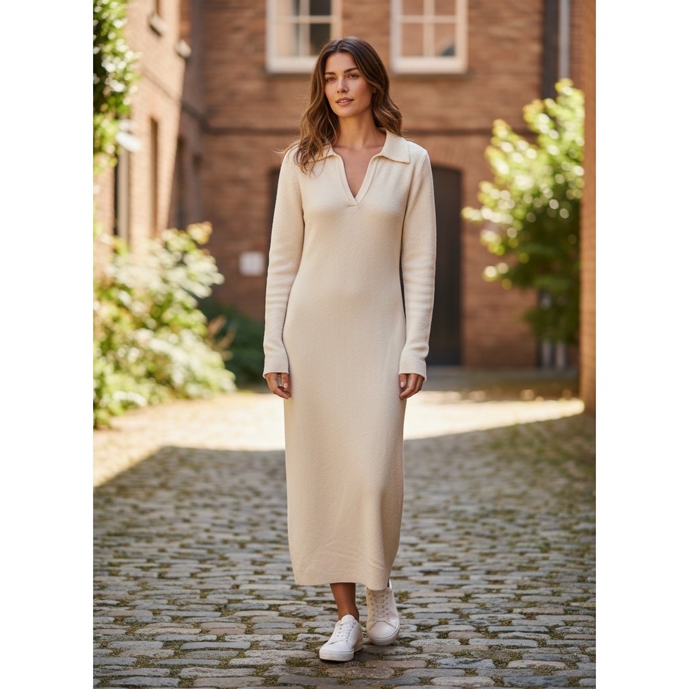 Zara Cream Long-Sleeve‎ Collared Maxi Dress with V-Neck